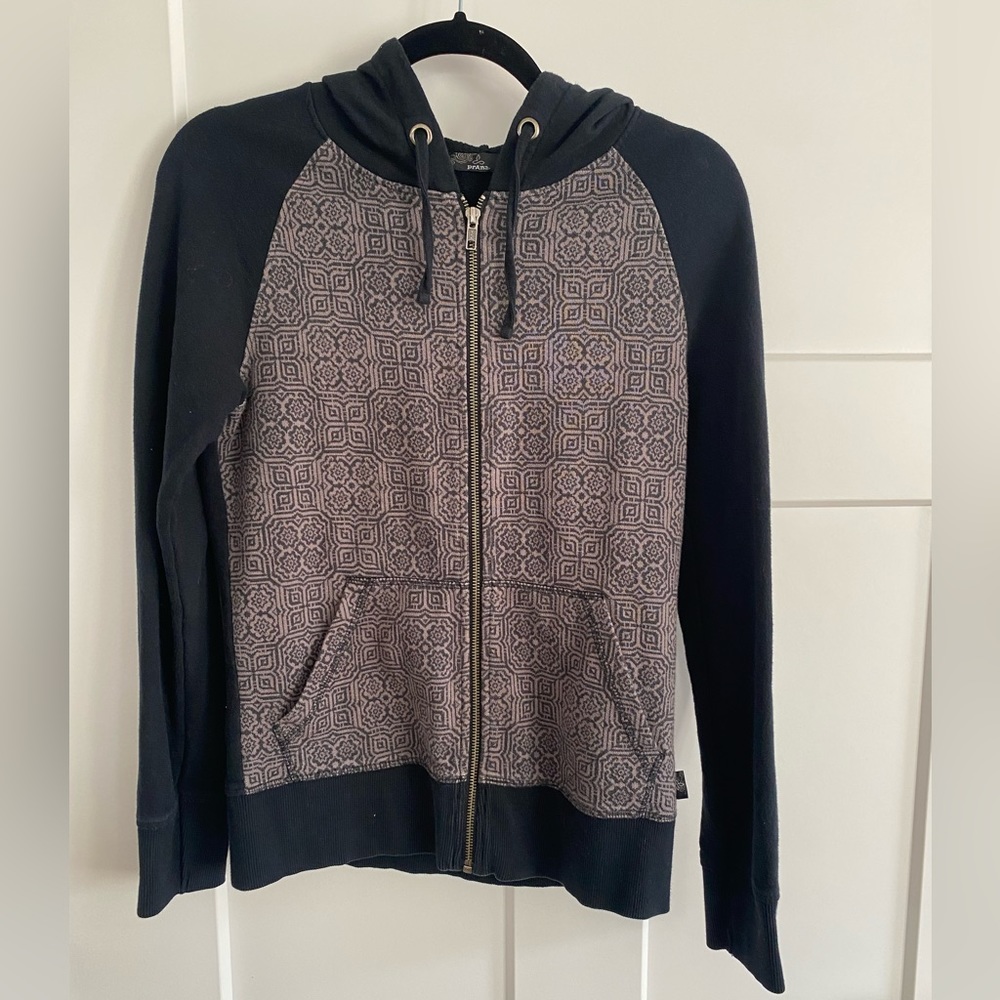 Prana Kasey Full Zip Hoodie Yoga Jacket Women Small Black Gray Geometric Print